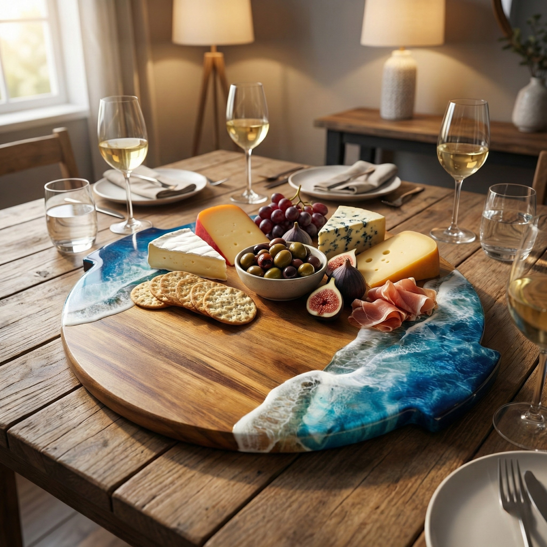 Wooden cheese board with assorted cheeses, fruits, and crackers on a dining table.