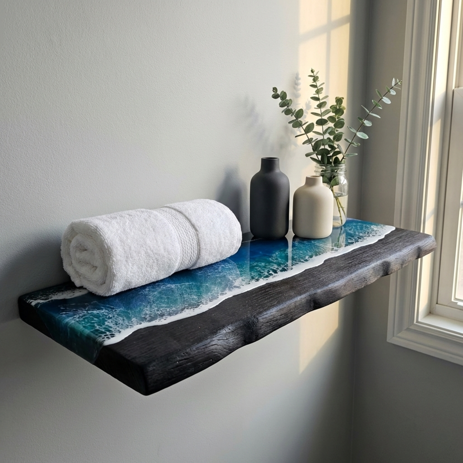 Wall-mounted shelf with a white towel, black and beige vases, and a plant in a room with a window.