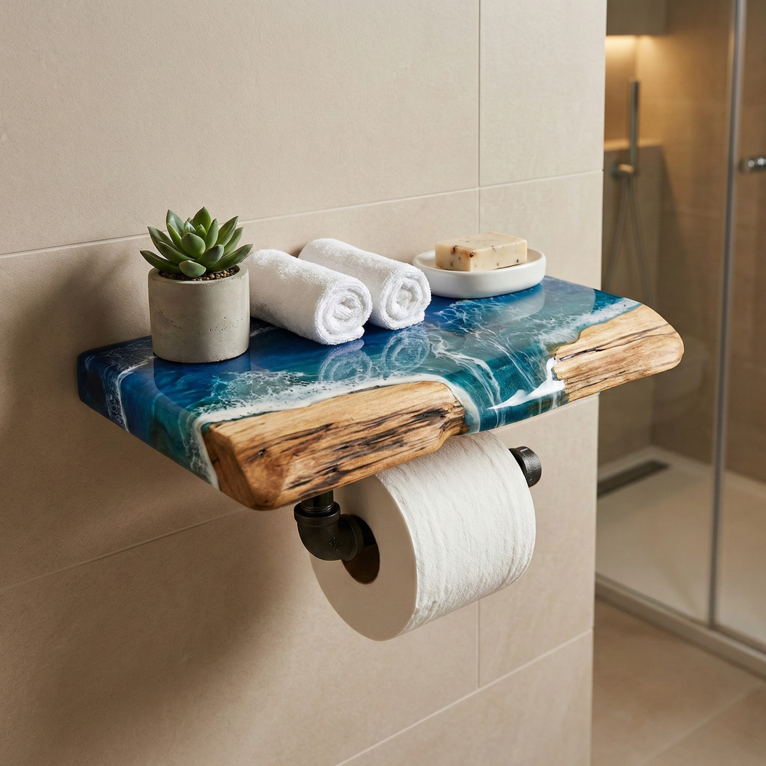 Bathroom shelf with decorative blue resin and wood design, holding towels, a plant, and a soap dish.