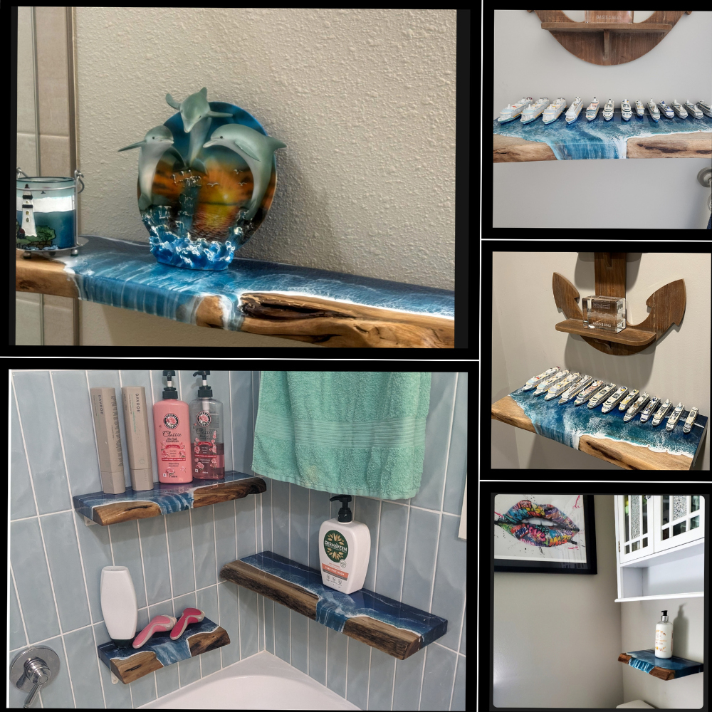Floating Live Edge Wooden Shelf with Beach Ocean Resin Waves